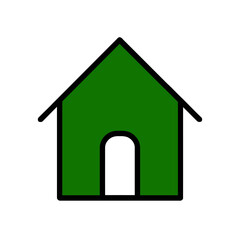 A minimalist green house icon with a dark archway entrance against a solid black background representing home and shelter