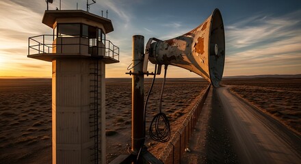 Desert Watchtower and Megaphone at Sunset - A Symbol of Isolation.