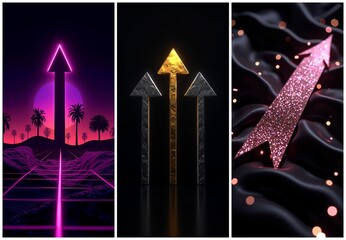 Images showcase upward-pointing directional signs, each with a unique style. One has a vibrant sunset backdrop. Another features a gold element. The last with a shimmering, textured appearance.