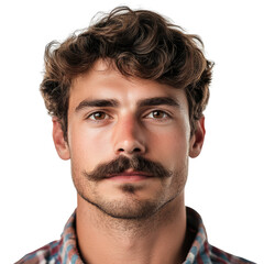 Fototapeta premium A man with a hairy mustache and brown hair, isolated against a white background transparent, alpha background png