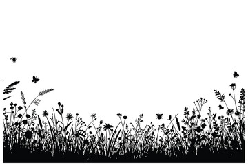 Nature Background Banner with Flowers and Herbs, Black Vector Silhouette of Summer Field Grass with Bees, vector, illustration.