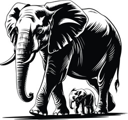 Majestic Elephant Family Black and White Vector Art