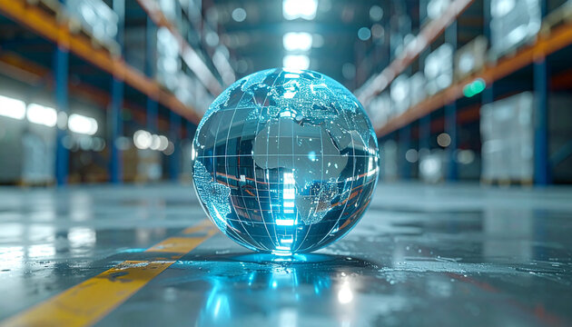 Global Warehousing: A glowing holographic globe rests on the warehouse floor. A perfect image of Global business and logistics.