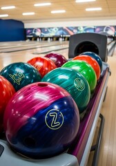 Bowling Balls Ready for Action - A Colorful Array on the Rack.