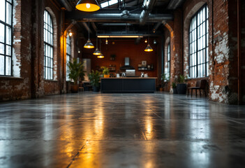Fototapeta premium Spacious Industrial Loft Interior with Polished Concrete Floor and Large Windows.