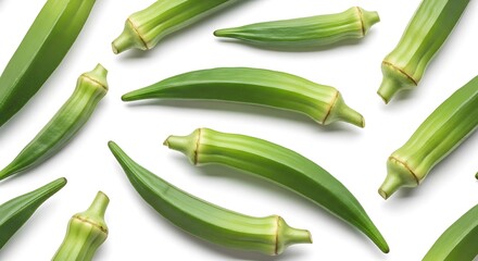 Fresh Okra Pods on White Background - A Vibrant Vegetable Display.