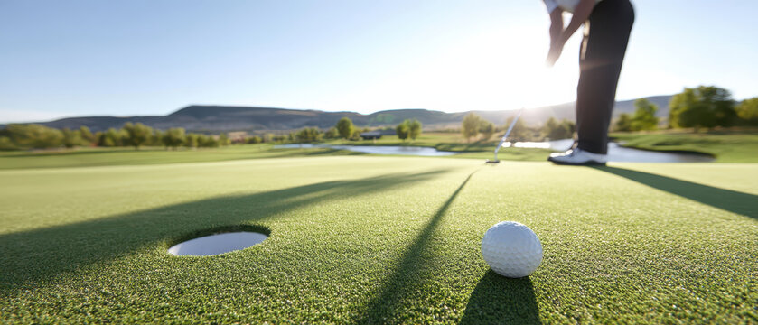 Golf ball near hole on green golf course with player putting in background, long shadows, sunny day, peaceful outdoor sports scene, relaxation, focus - Powered by Adobe