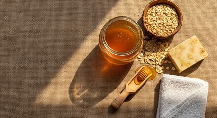 Natural Honey with Oats Bar Soap and Towel on Neutral Fabric Background