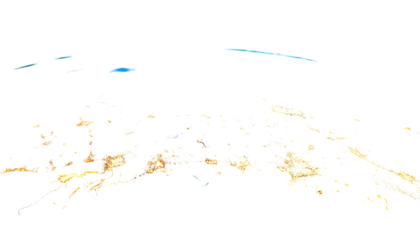 Pixelated nighttime cityscape illuminated by distant, colorful streaks of light