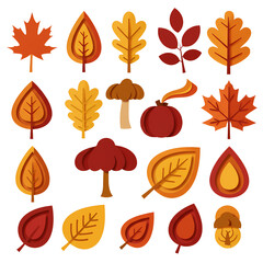 A curated collection of stylized autumn icons featuring colorful fall leaves, mushrooms, and a pumpkin, perfect for seasonal graphic design projects