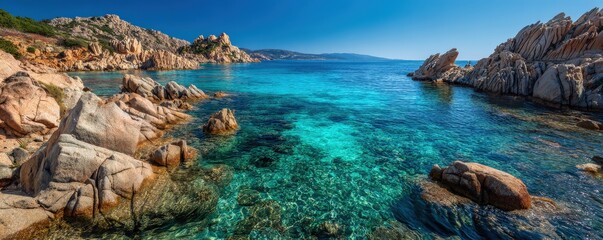 A stunning coastal scene featuring clear turquoise waters, rocky formations, and a bright blue sky.