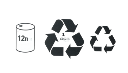 An illustrated depiction of waste container and recycling symbols, black and white