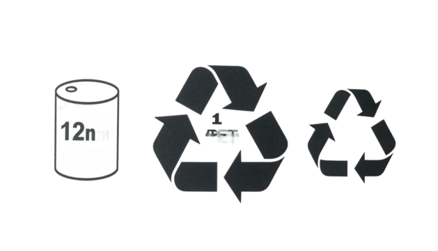 An illustrated depiction of waste container and recycling symbols, black and white