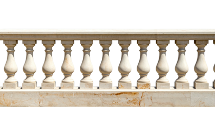 Carved stone balustrade with symmetrical columns, isolated on a black background