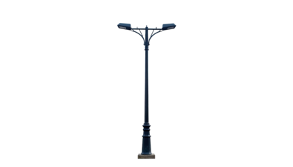 A tall, ornate street lamp with two upward-facing lights against a stark black background