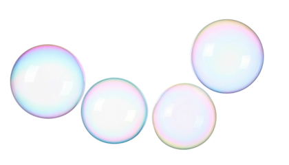 Four translucent spheres with iridescent edges float against a stark black backdrop