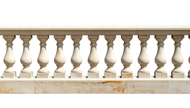Carved stone balustrade with symmetrical columns, isolated on a black background