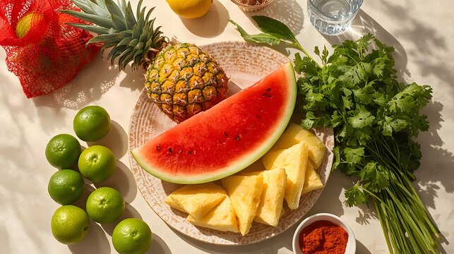 Fresh vibrant summer produce assortment with watermelon slice, pineapple, lime, herbs and spices on table, bright natural light food styling for healthy tropical cuisine inspiration
