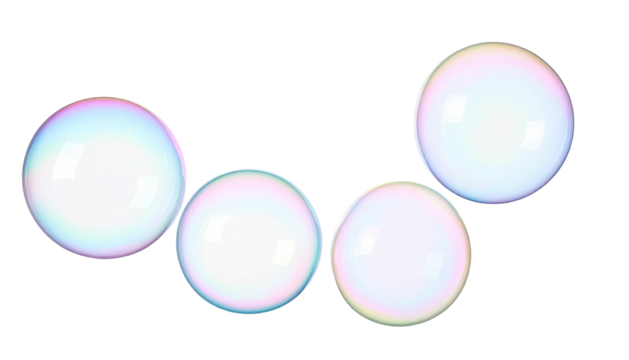 Four translucent spheres with iridescent edges float against a stark black backdrop