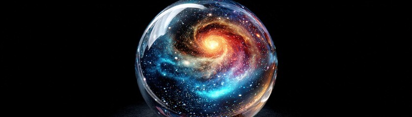 A mesmerizing crystal orb captures a swirling galaxy, showcasing vibrant colors and cosmic elements against a dark background.