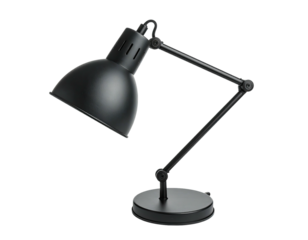 A matte black adjustable desk lamp isolated against a dark background