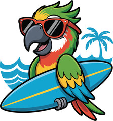 Cartoon parrot illustration, vibrant vector art sticker of a cool parrot surfing and ready for summer beach fun, playful tropical bird character for kids design, stickers, branding, and holiday © Kayla Quentin
