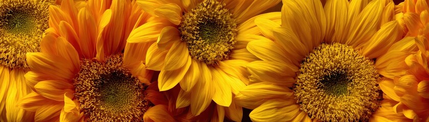 A vibrant display of sunflowers with bright yellow petals and intricate centers, creating a cheerful and warm atmosphere.