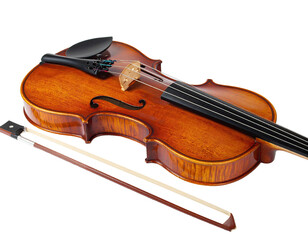 Fototapeta premium Close-up of a polished wooden stringed instrument and its bow, set against black