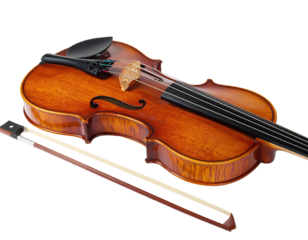 Close-up of a polished wooden stringed instrument and its bow, set against black