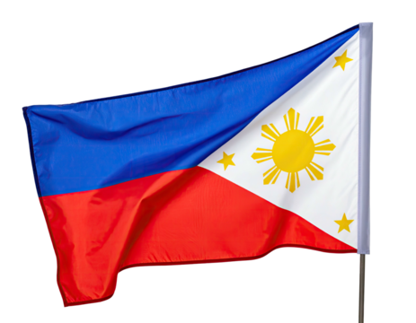 A fluttering national flag with a vibrant sun and stars against a solid background