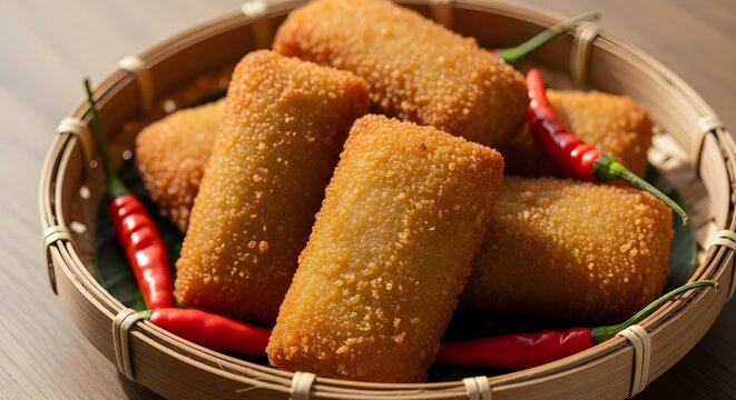 A tempting image of golden-fried Risol Goreng (Indonesian fried spring rolls) stacked in a woven bamboo basket on a wooden table, garnished with bright red chili peppers