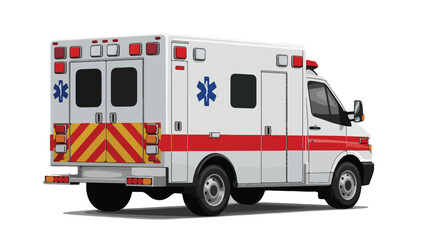 Rear three-quarter view of a white ambulance with red stripes and blue medical symbols against a clean white background.
