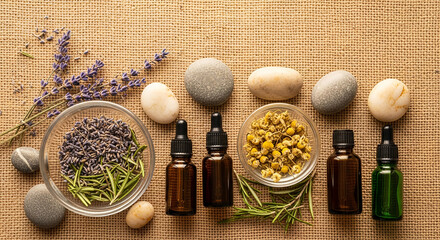 Herbal Essential Oil Bottles with Lavender and Chamomile Flowers on Natural Fabric Background