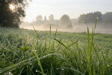 Dewdrops sparkle on grass in a misty morning meadow at sunrise