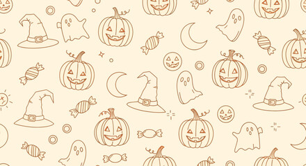 Seamless Halloween pattern with hand-drawn doodle pumpkins, ghosts, and witch hats on a light background