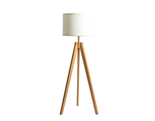 A wooden tripod floor lamp with a cylindrical white shade against a stark black backdrop