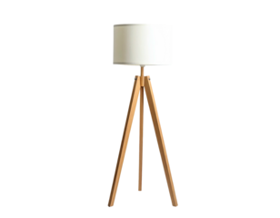 A wooden tripod floor lamp with a cylindrical white shade against a stark black backdrop