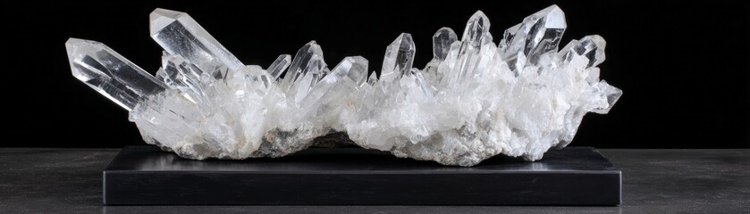 A striking crystal formation displayed on a sleek black base, showcasing sharp, transparent points that reflect light beautifully.