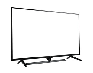 Angled, black-framed television with bright white screen, set against a dark background