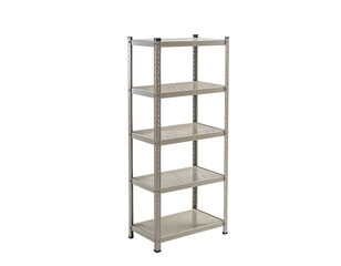 A tall, free-standing shelving unit with five horizontal shelves against black