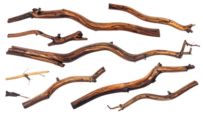 Isolated, weathered wooden branches against a black background