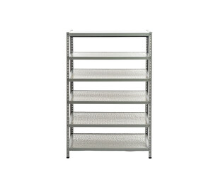 A tall, empty metal shelving unit with six shelves, set against a black backdrop