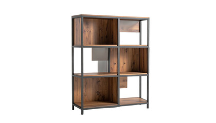 A modern, open-concept shelving unit with a metal frame and wooden shelves