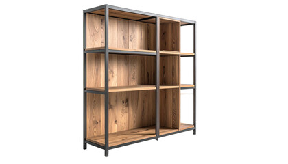A modern open wooden bookshelf with a black metal frame on a black backdrop