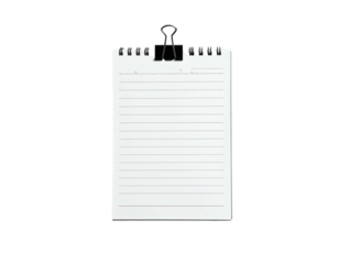 White lined notepad held by a black clip against a stark black background