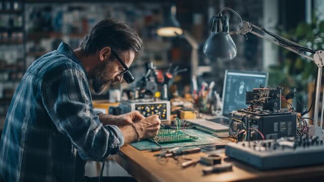 Precision Work: A skilled technician meticulously examines a circuit board, illuminated by a focused task lamp, engrossed in the intricate world of electronic components and technological ingenuity.