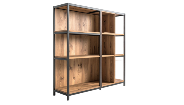 A modern open wooden bookshelf with a black metal frame on a black backdrop