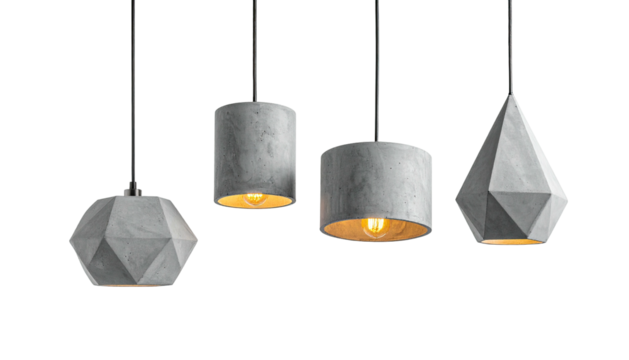 Four modern geometric concrete pendant lights against a stark black backdrop - Powered by Adobe