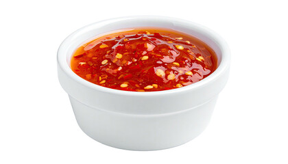 Close-up shot of a small, white bowl filled with spicy red chili sauce