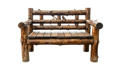 Rustic wooden bench with a natural log design isolated against a black backdrop